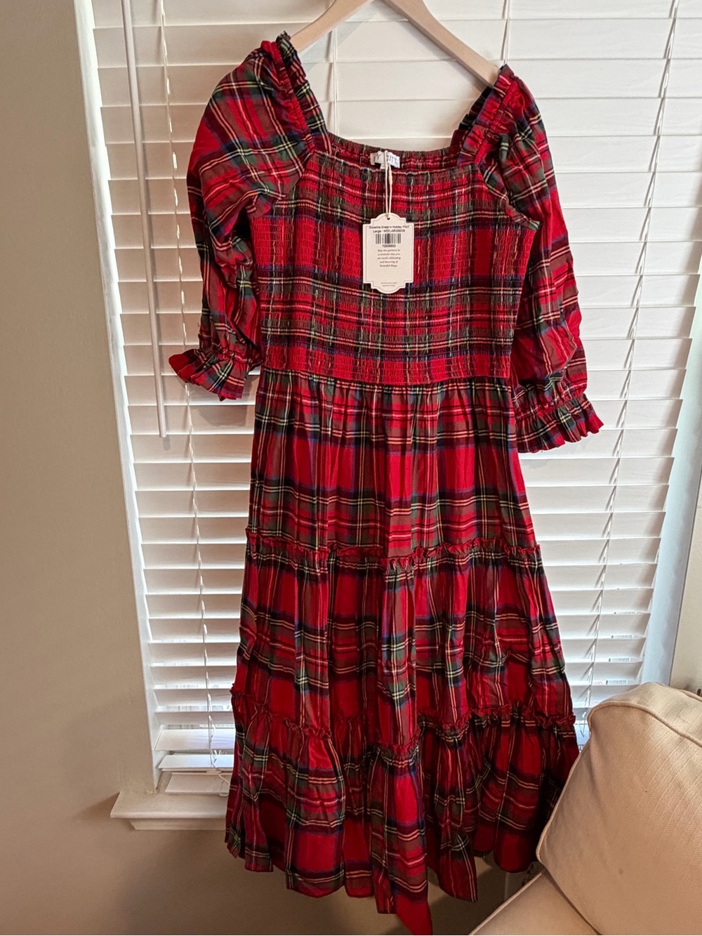 Ivy City Co Red Plaid Tiered Smocked Maxi Dress